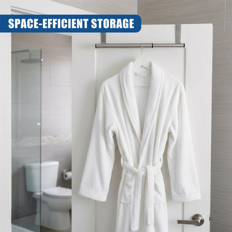 Metal towel rail mounted horizontally over the top of a closed white bathroom door.