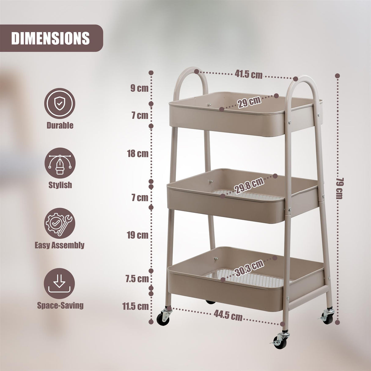 3 Tier Storage Trolley on Wheels