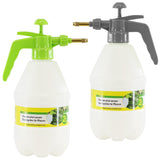 Two green spray bottles with gold nozzles and black pump handles for plant watering sprayer.