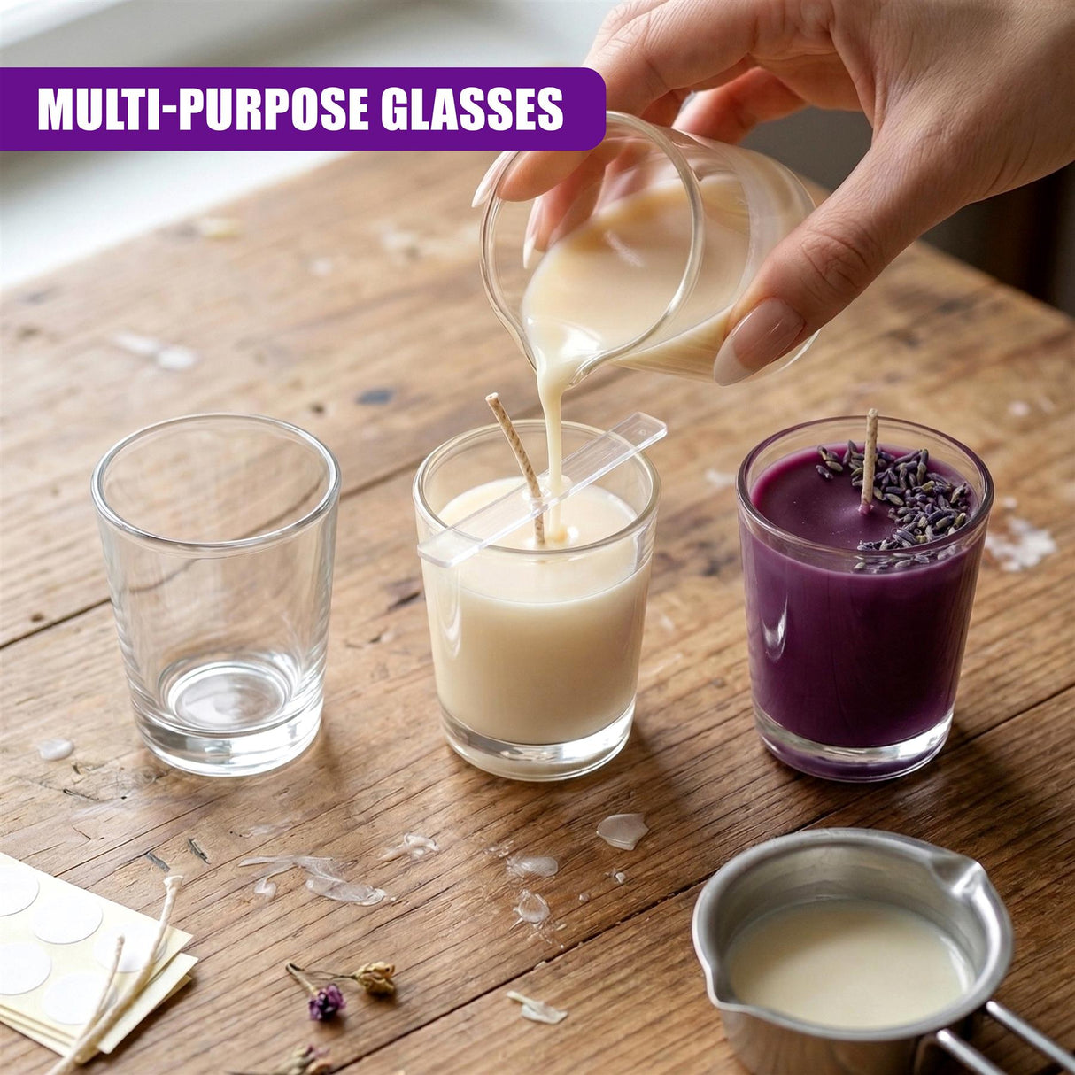 Mini dessert glasses filled with layered liquids and small garnishes displayed on a wood surface.