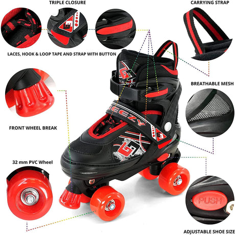 The Magic Toy Shop Red and Black Roller Skates for Kids with 4 Wheel