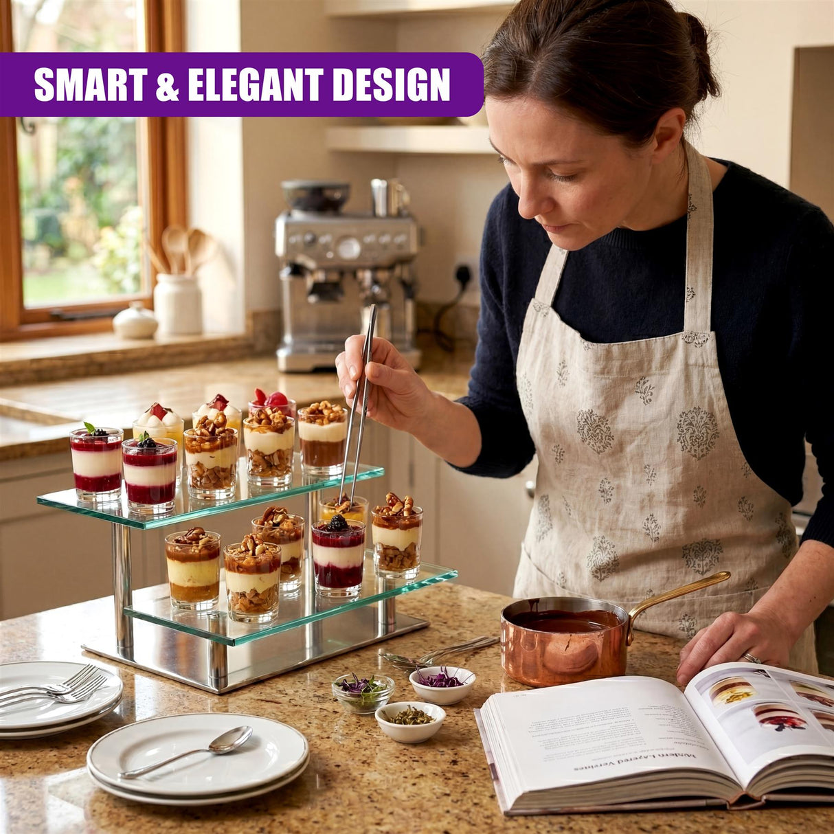 Mini desserts are arranged on a multi-tiered glass stand on a kitchen countertop.