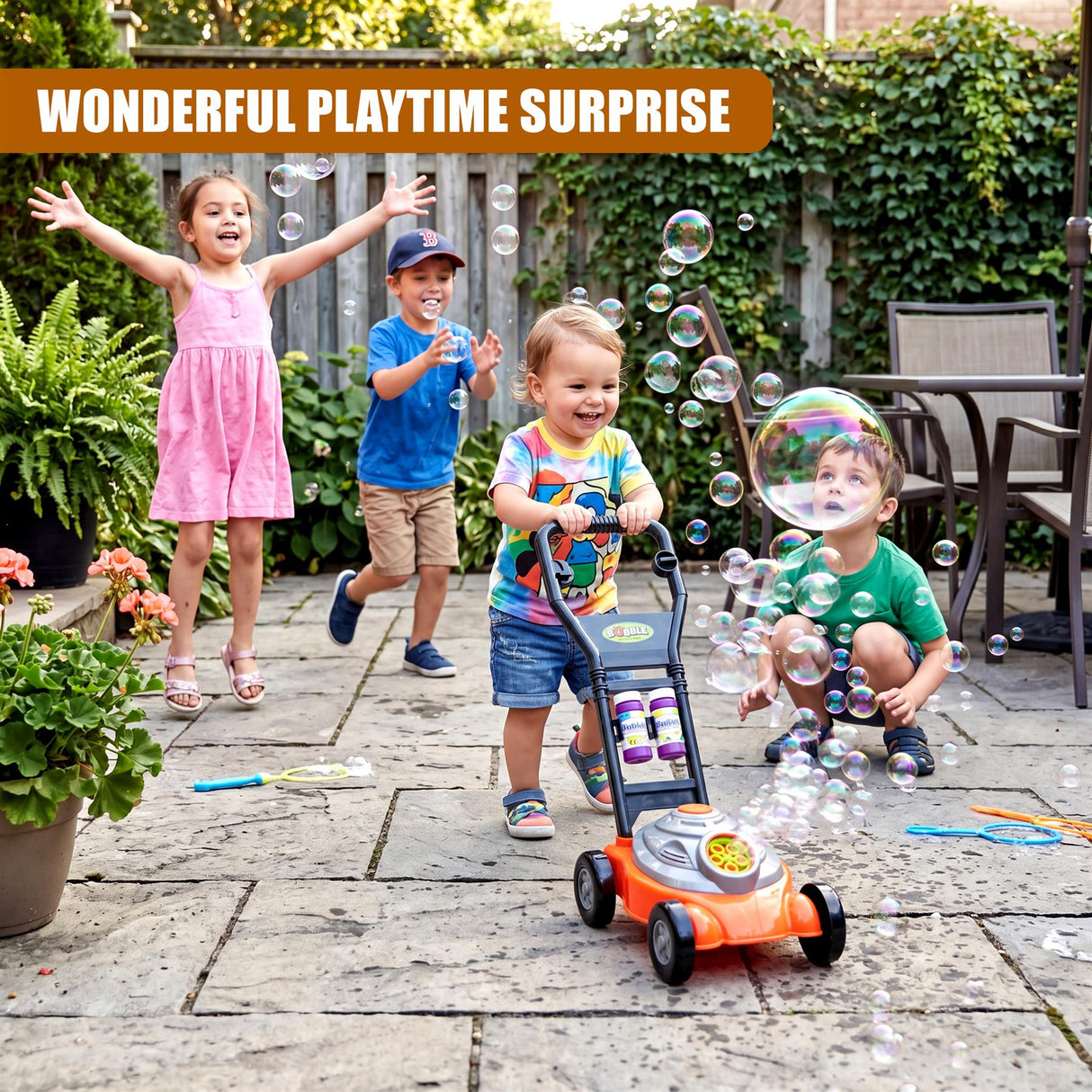 A yellow bubble mower toy rests on stone patio stones surrounded by playing children.