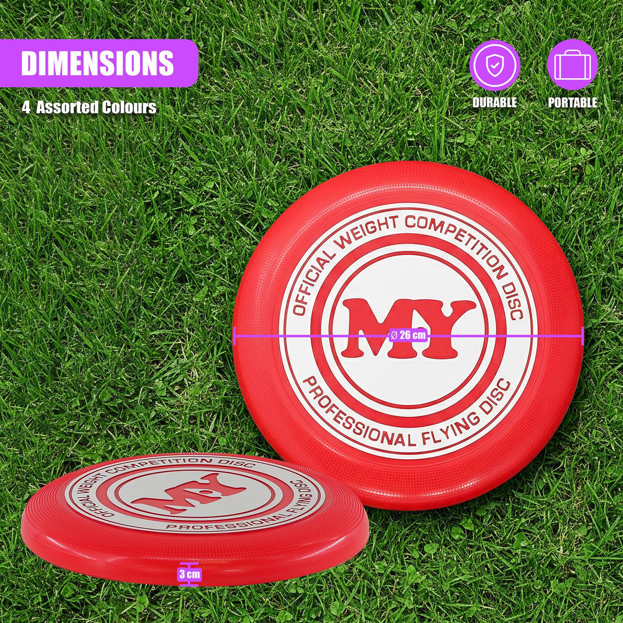 Two red professional flying frisbees displayed on green grass.