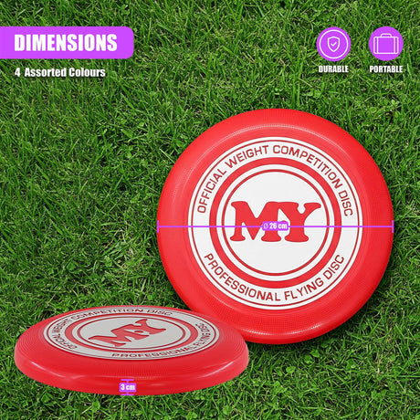 Two red professional flying frisbees displayed on green grass.