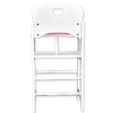 This is a product image of a white, heart-shaped high chair with four metal rungs and a pink cushion inside. - UKBuyZone