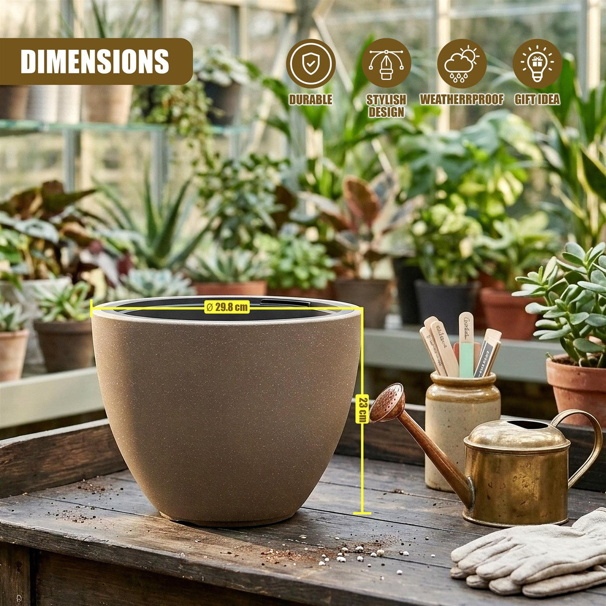 Matte brown oval pot displayed on wood surface with plants, tools, and pots.