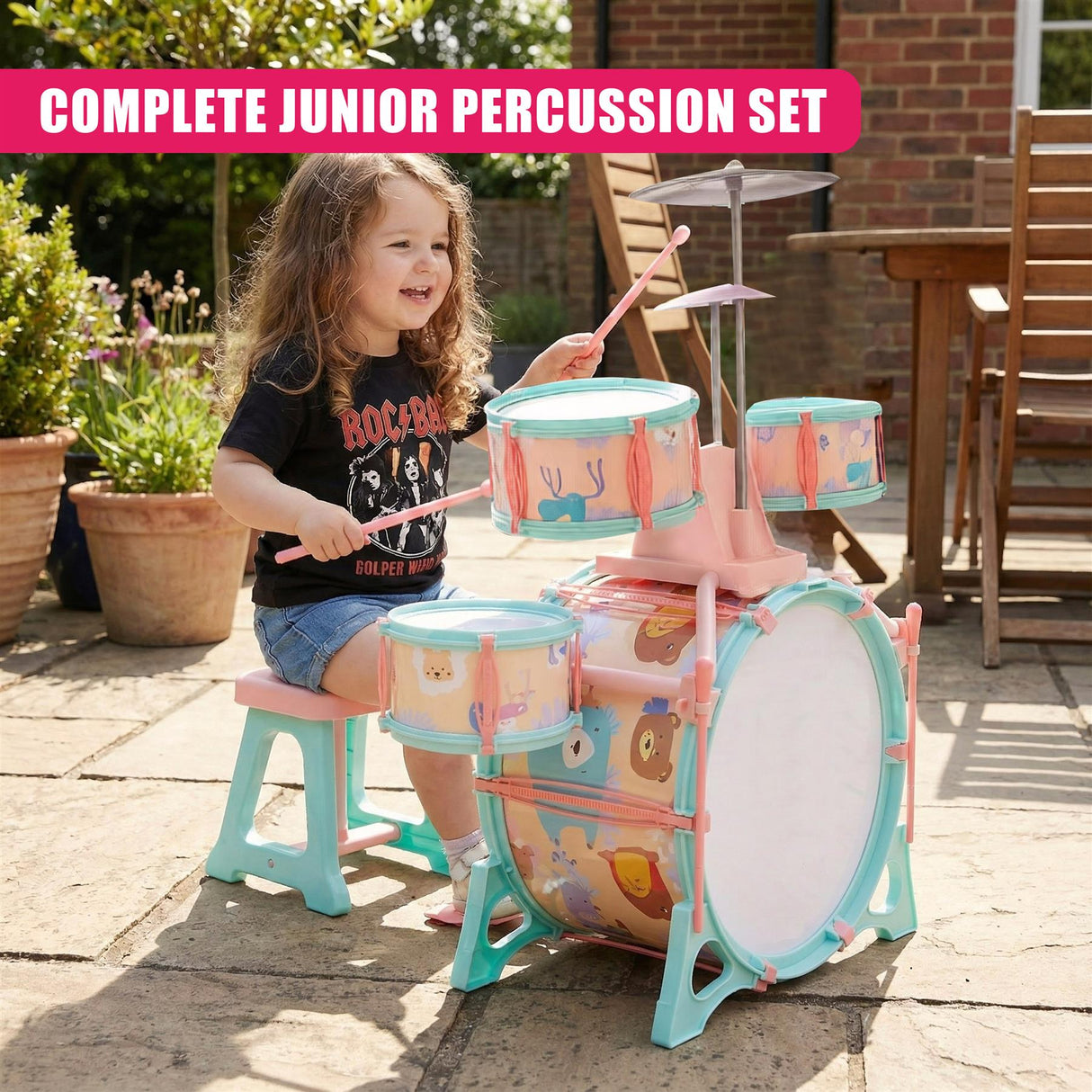 Pink and Green Multi functional Kids Jazz Drum Set