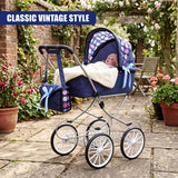 Blue doll pram with a canopy and matching blue bag sits on a metal frame.