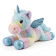 Pastel unicorn plush toy with blue wings, rainbow body, and a horn.
