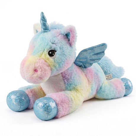 Pastel unicorn plush toy with blue wings, rainbow body, and a horn.