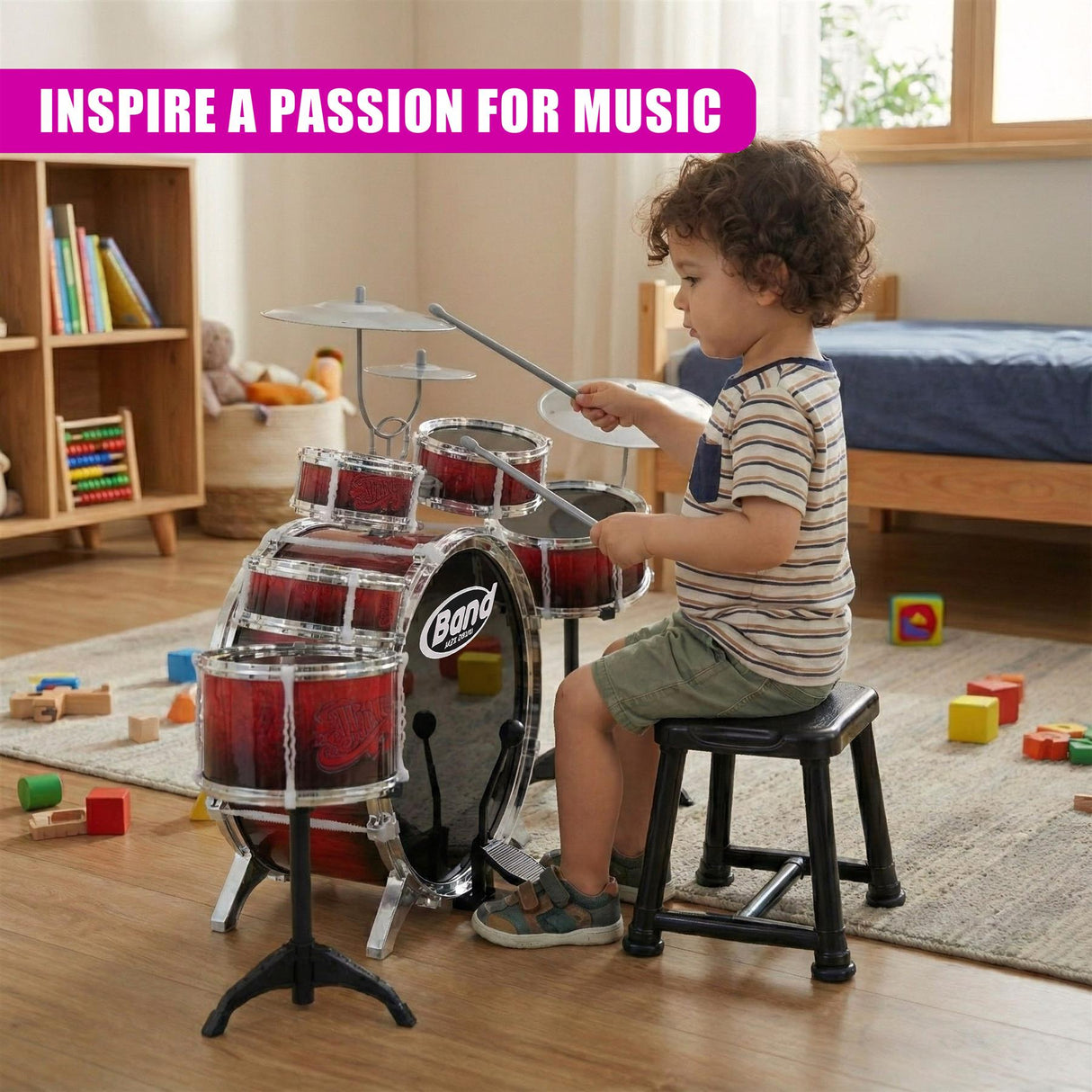 Kids 10 Piece Drum Kit With Stool