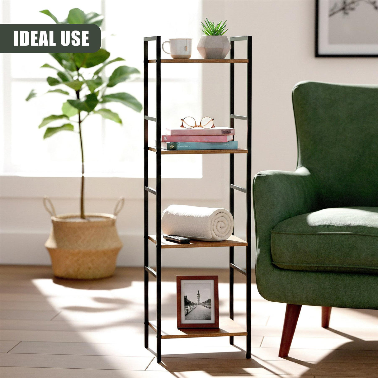 A four-tiered black metal shelving unit styled with books, decorative items, and framed artwork.