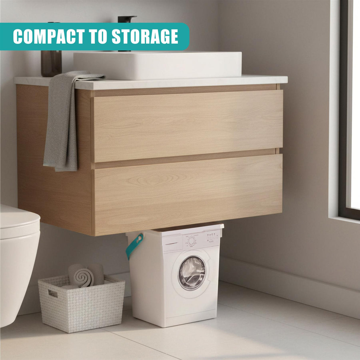 Light wood vanity unit with a white sink sits above a washing machine next to a woven basket.