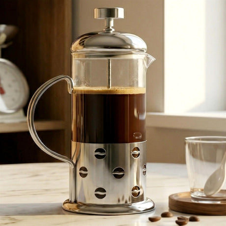Metallic cafetière with a glass carafe filled with dark brown coffee sits on a light counter.