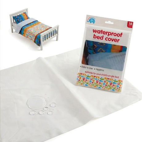 A single bed set with a patterned cover, packaged waterproof cover, and a plain white sheet.