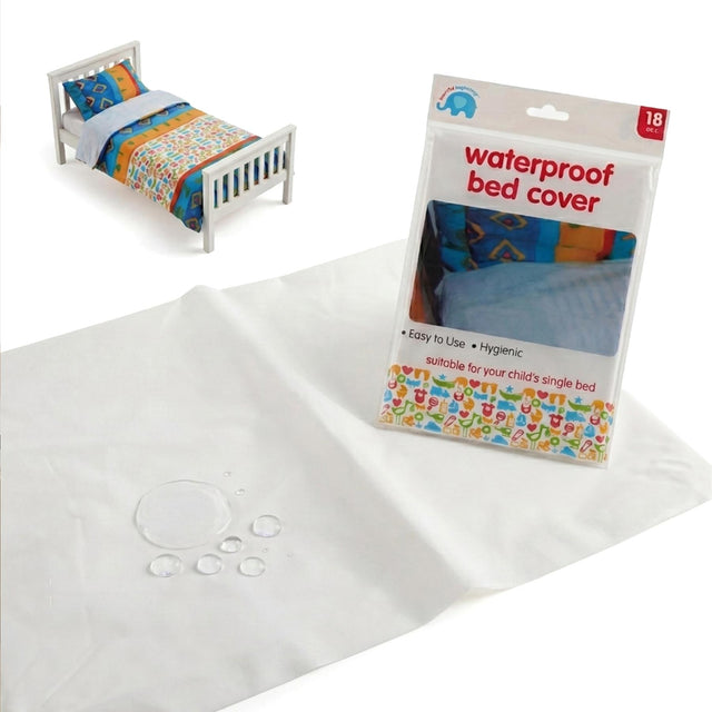 A single bed set with a patterned cover, packaged waterproof cover, and a plain white sheet.