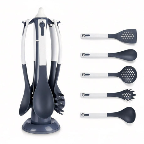 This six-piece kitchen utensil set includes a stand and various tools like spatulas, spoons, and whisks.