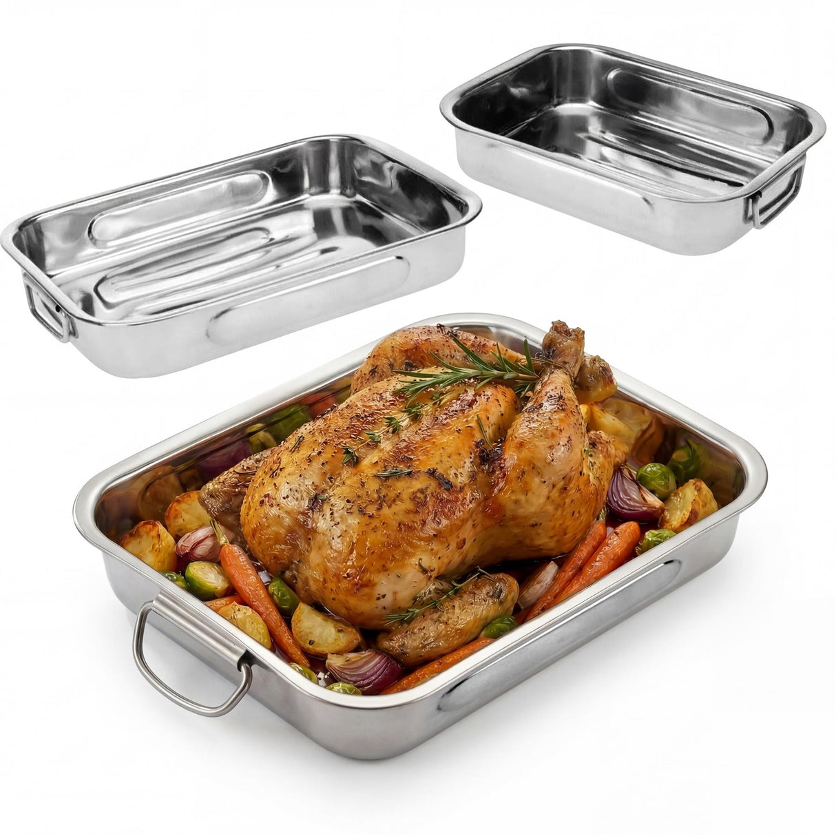 A set of three stainless steel baking trays, one containing roasted poultry and vegetables.