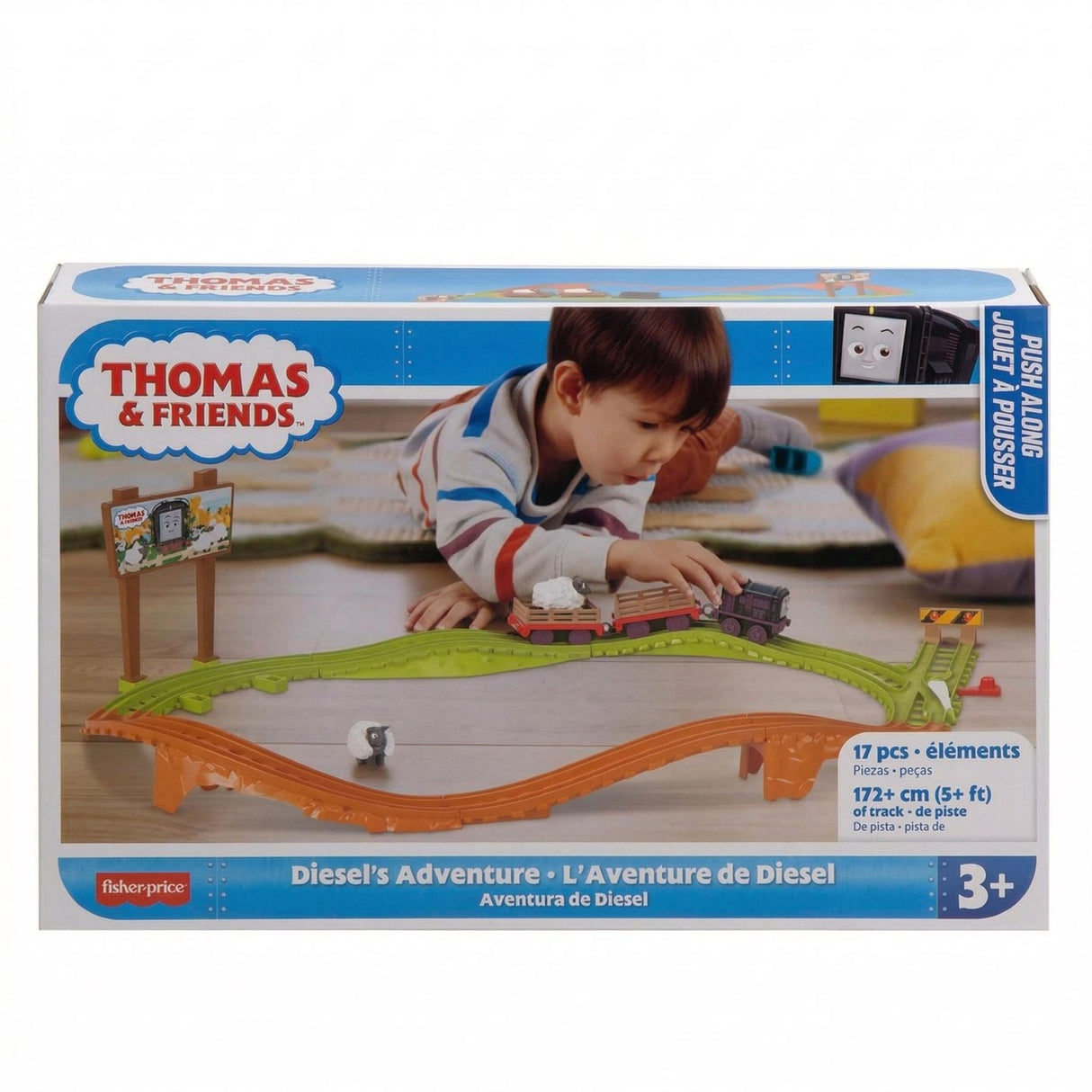 The toy set includes a train and curved track pieces, packaged in a blue box.