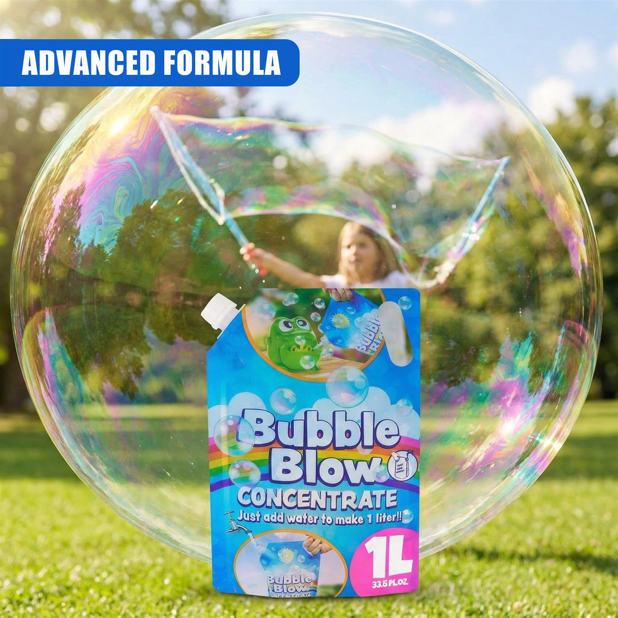 Blue and white packaging for liquid. Text labels provide instructions for making one liter of solution.