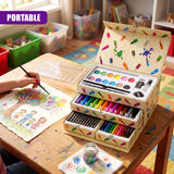 Portable wooden art set containing pencils, crayons, paints, and brushes in organized slots.