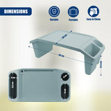 Bed tray table in blue color with four wheels. Storage section on top and side pockets. - UKBuyZone