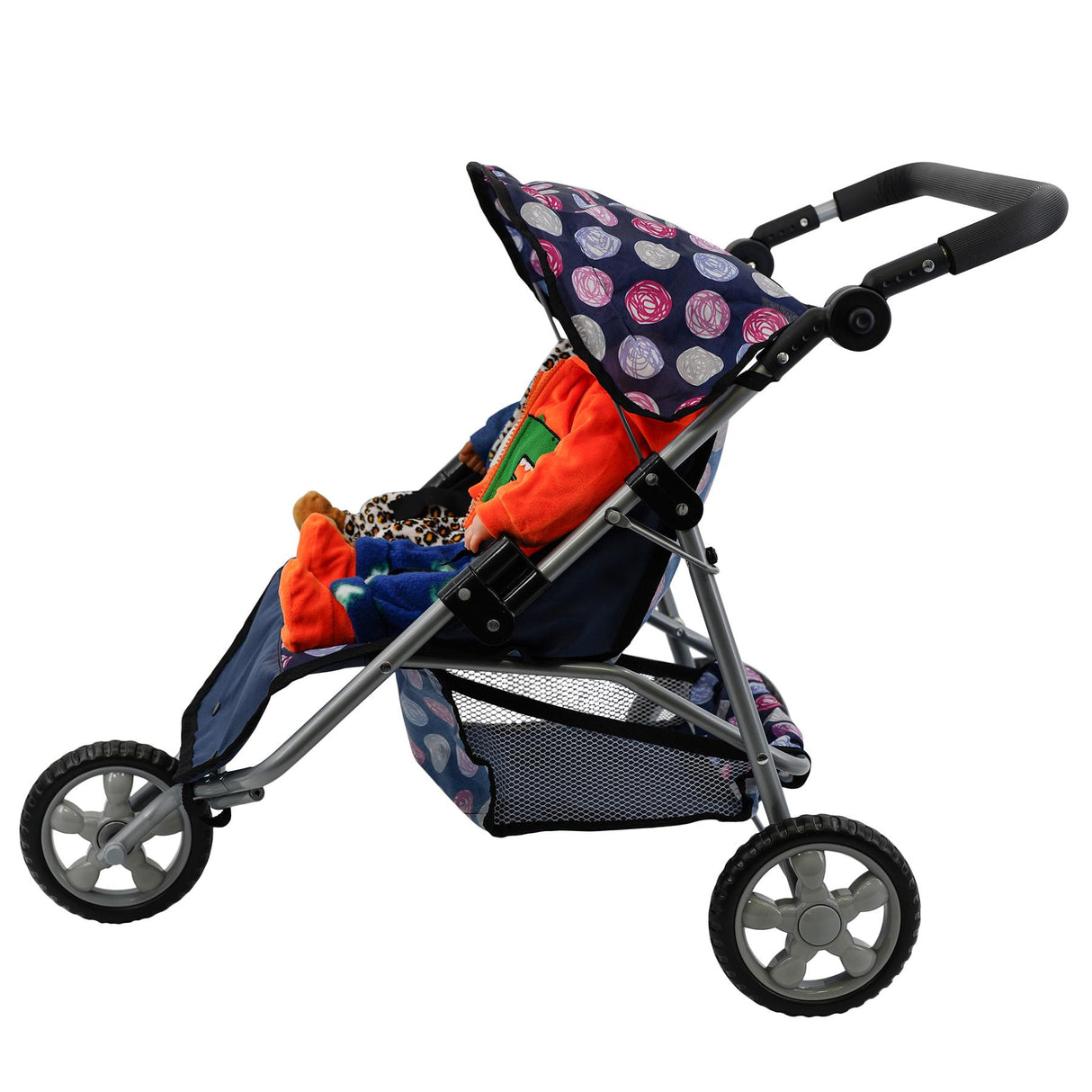 Blue doll stroller with patterned canopy and two seats, including an undercarriage basket.