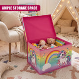 Rainbow Unicorn Storage Box filled with toys and books, sitting on a rug in a child’s playroom