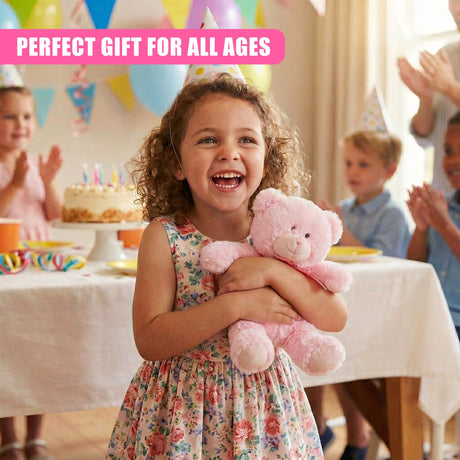 A young girl in a party hat holds a pink teddy bear, smiling with excitement in a colorful, festive environment. - UKBuyZone