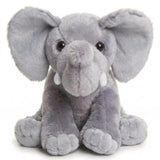 A gray stuffed elephant plush toy seated with large ears and a prominent gray trunk.