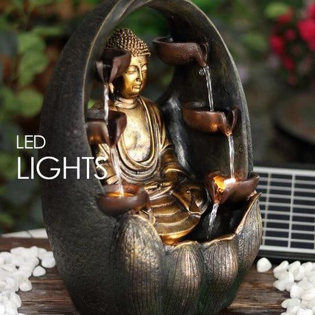 GEEZY Golden Buddha Solar Water Feature Outdoor With LED