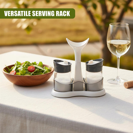 White seasoning rack holding two dark shakers and a central white condiment dispenser.