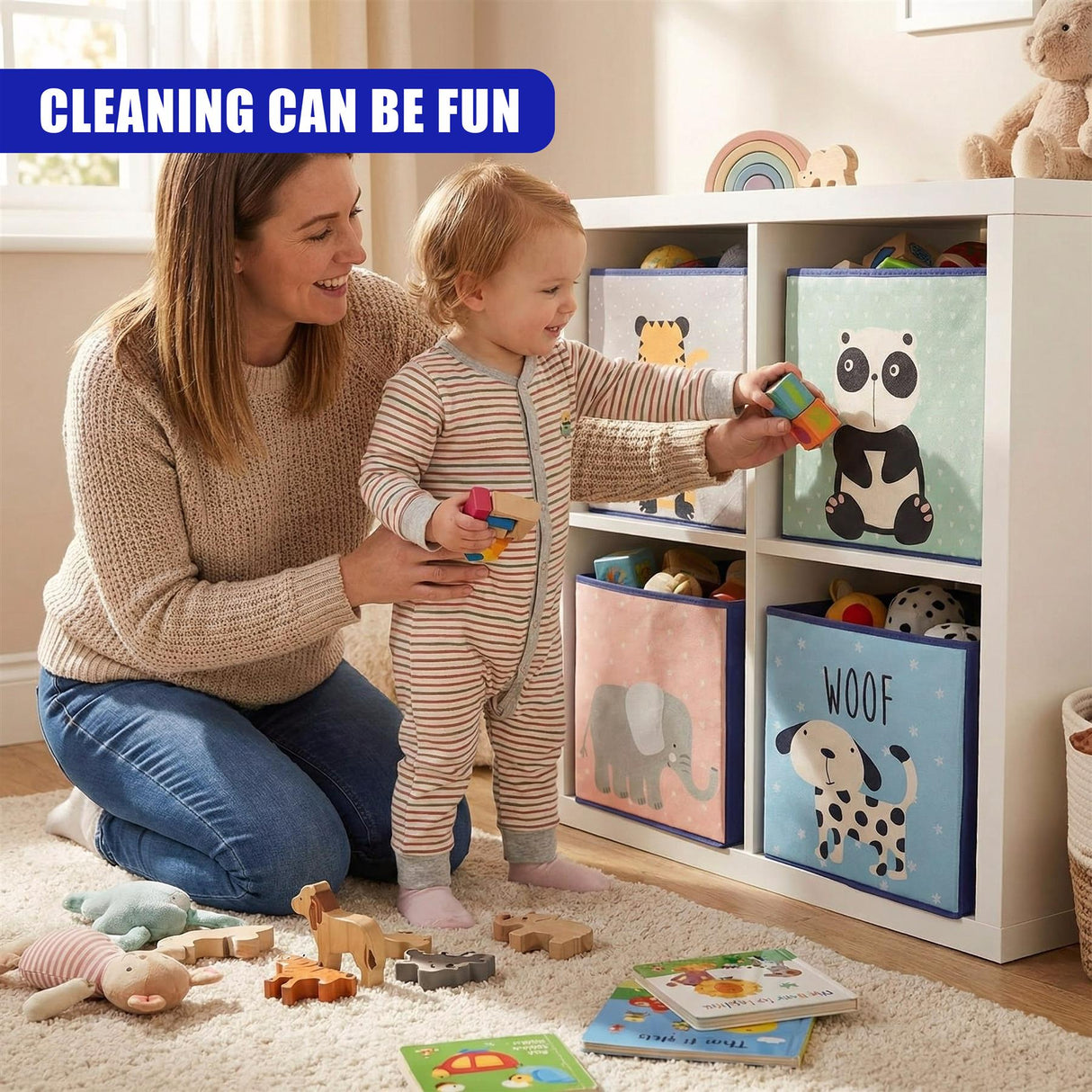 "A set of four storage boxes with animal designs, suitable for organizing children's toys. Ideal for kids' rooms or play areas." - UKBuyZone