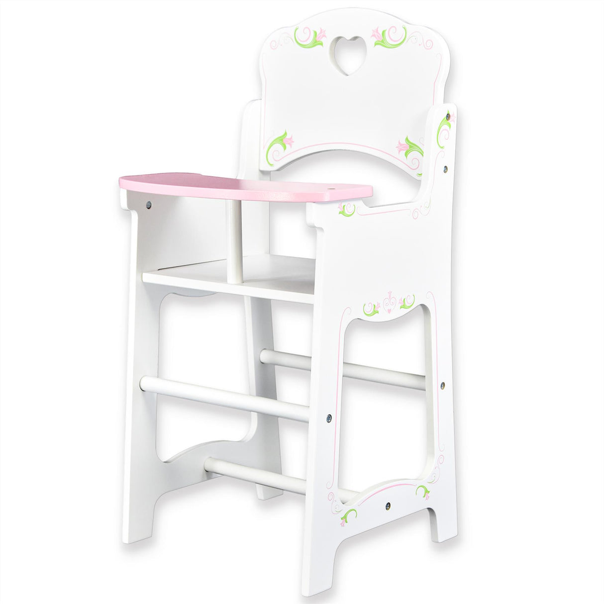A white high chair with pink trim and a heart patterned design on the seat. It has three steps leading up to it. - UKBuyZone