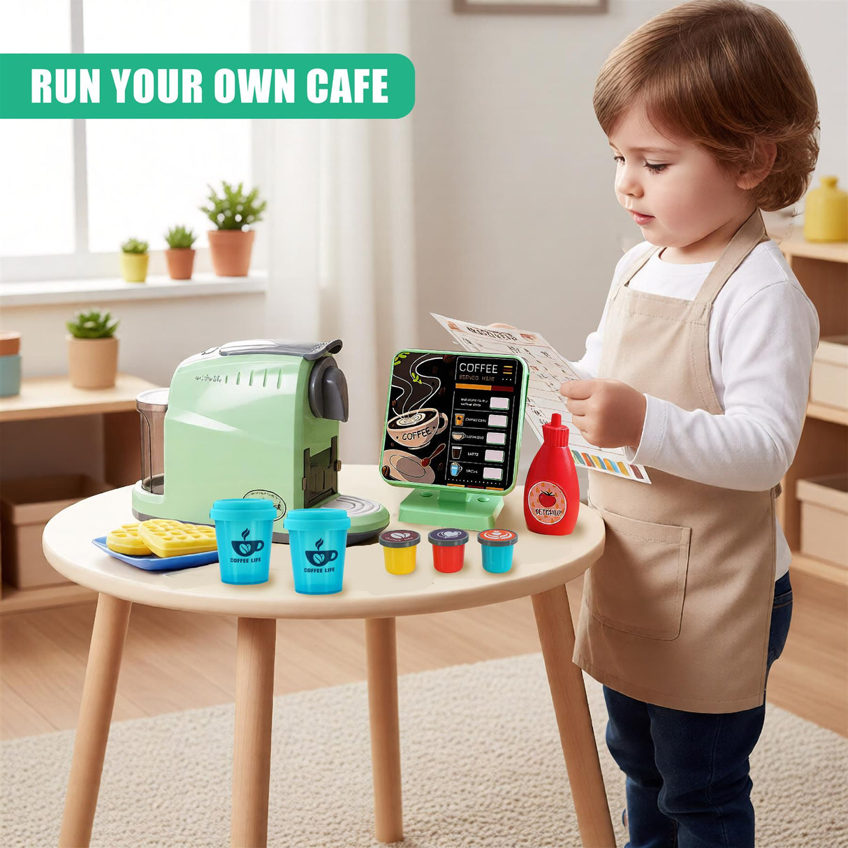 A child stands next to a small, round table with a toy coffee machine, play food, and play money. The child holds a menu and reads it, wearing an apron. The table has a toy coffee machine, a toaster, a coffee cup, a plate of waffles, a menu, and play money. - UKBuyZone