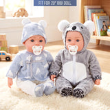 Two dolls wearing animal-themed outfits; one blue pattern and one gray polar bear print.