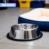 Stainless steel dog bowl, high quality, blue cushion pet bed on floor. - UKBuyZone