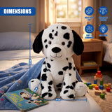Dalmatian soft toy displayed with measurements indicating dimensions and size.