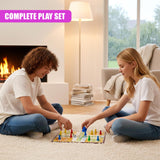 Colorful Ludo game board with colored tokens sits on a rug being played by two people.