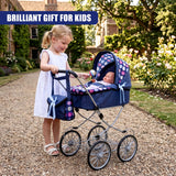 A young girl stands on a path next to a blue doll pram containing a baby doll.