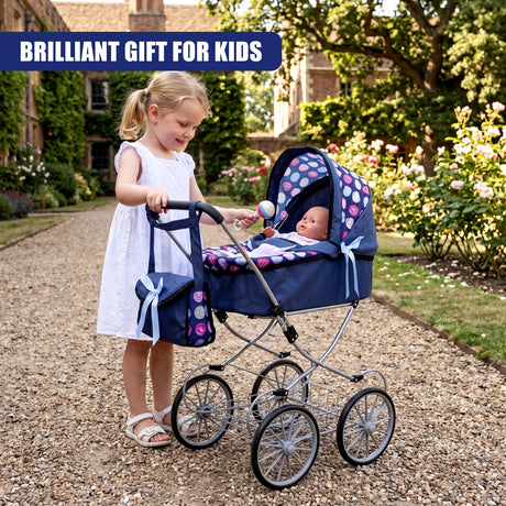 A young girl stands on a path next to a blue doll pram containing a baby doll.