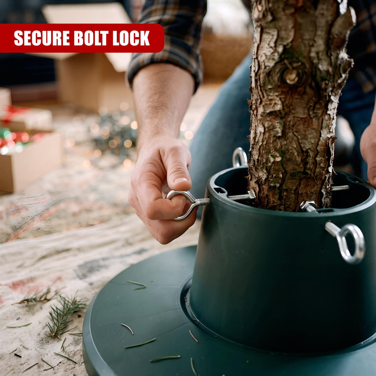 A person's hands tightening a metal bolt on a green adjustable Christmas tree stand holding a real tree trunk