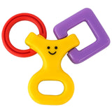 Set of three brightly colored silicone baby teethers in red, yellow, and purple.