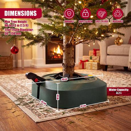 A green GEEZY Christmas tree stand with a water reservoir and pedal-operated locking mechanism, shown holding a lit tree in