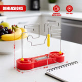 Two metal wire paths and a red electronic base show dimensions for a physical game.