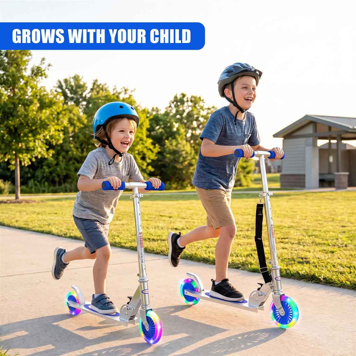Two children ride a blue three-wheeled scooter on a sidewalk path.