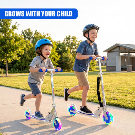 Two children ride a blue three-wheeled scooter on a sidewalk path.