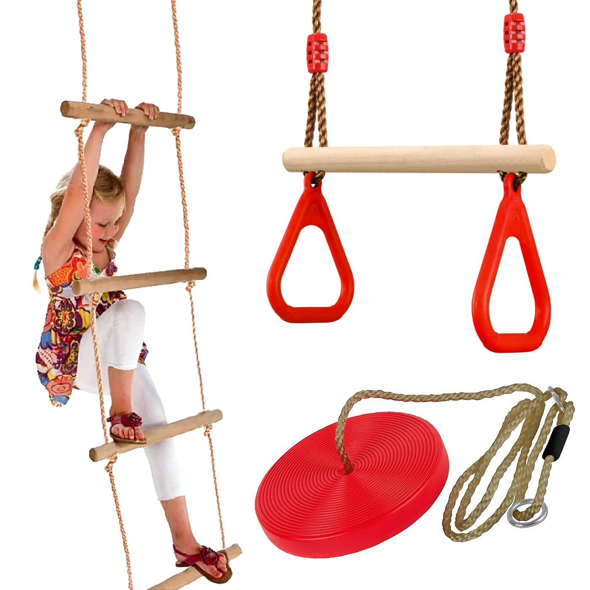 The Magic Toy Shop Wooden Trapeze Swing, Rope Ladder & Red Plate Seat