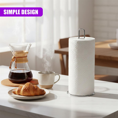 Chrome kitchen roll stand holds a roll of white paper towels on a modern countertop.